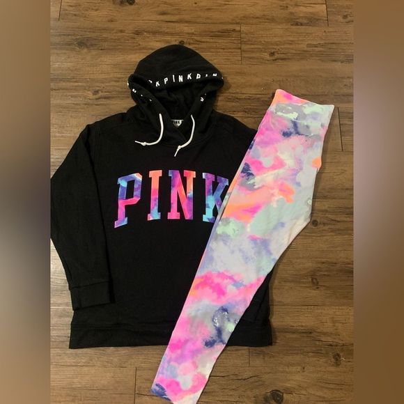 PINK VS WATERCOLOR HOODIE/ WATERCOLOR YOGA LEGGINGS PANTS - Picture 1 of 14